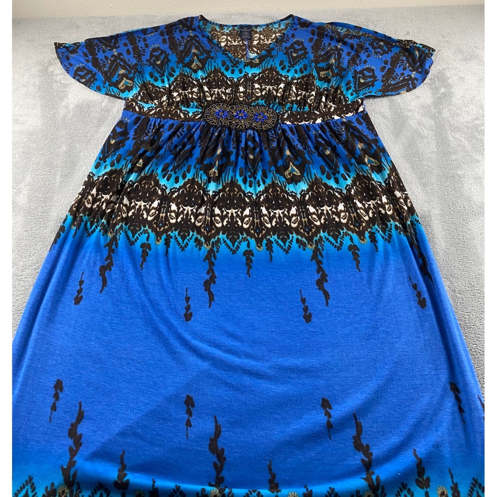 Faded Glory Blue Brown Tribal Maxi Dress Beaded Empire Waist Womens 2X 18W-20W